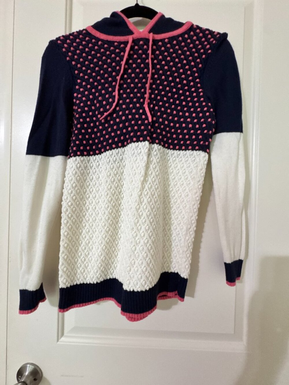 Charter Club Navy Pink & White Colorblock Hooded Knit Sweater - Small
